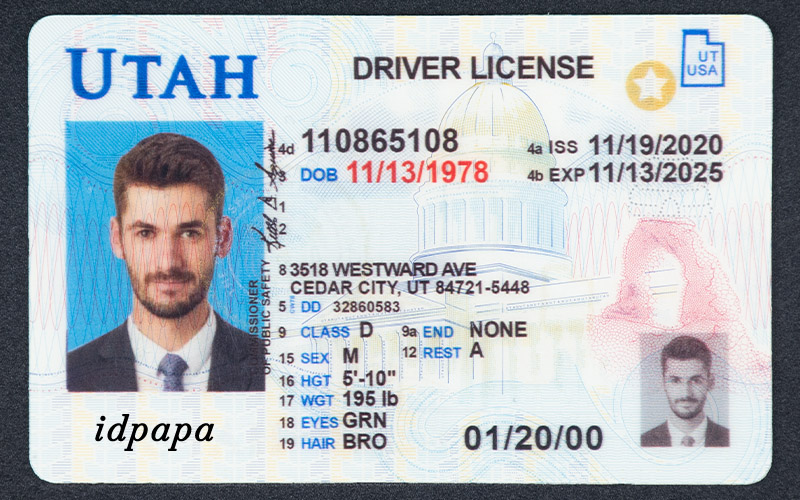 Novelty Utah driver’s license with a male photo, ID number 110865108, and expiration date 11/13/2025